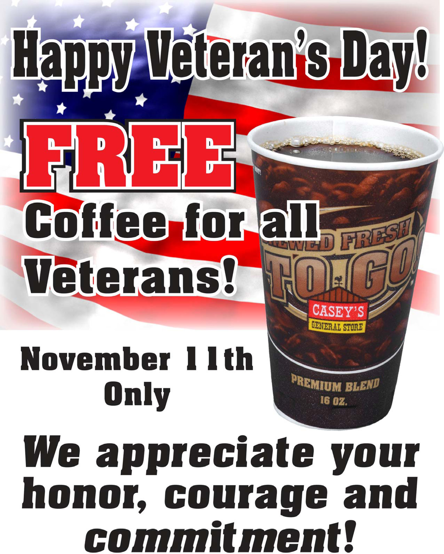 Casey's General Store Free Coffee for Veterans Tomorrow 11/11 Frugal