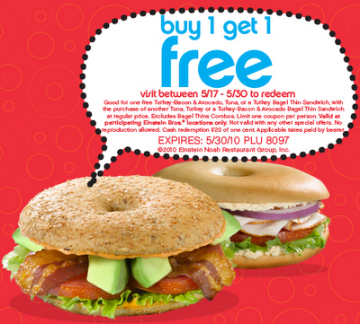 Einstein Bros Bagel Turkey-Bacon &amp; Avocado Thin Sandwich BOGO Printable ...